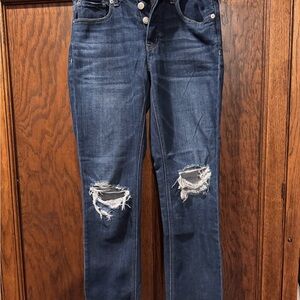 American Eagle Outfitters Dark Blue Distressed Straight Leg Jeans